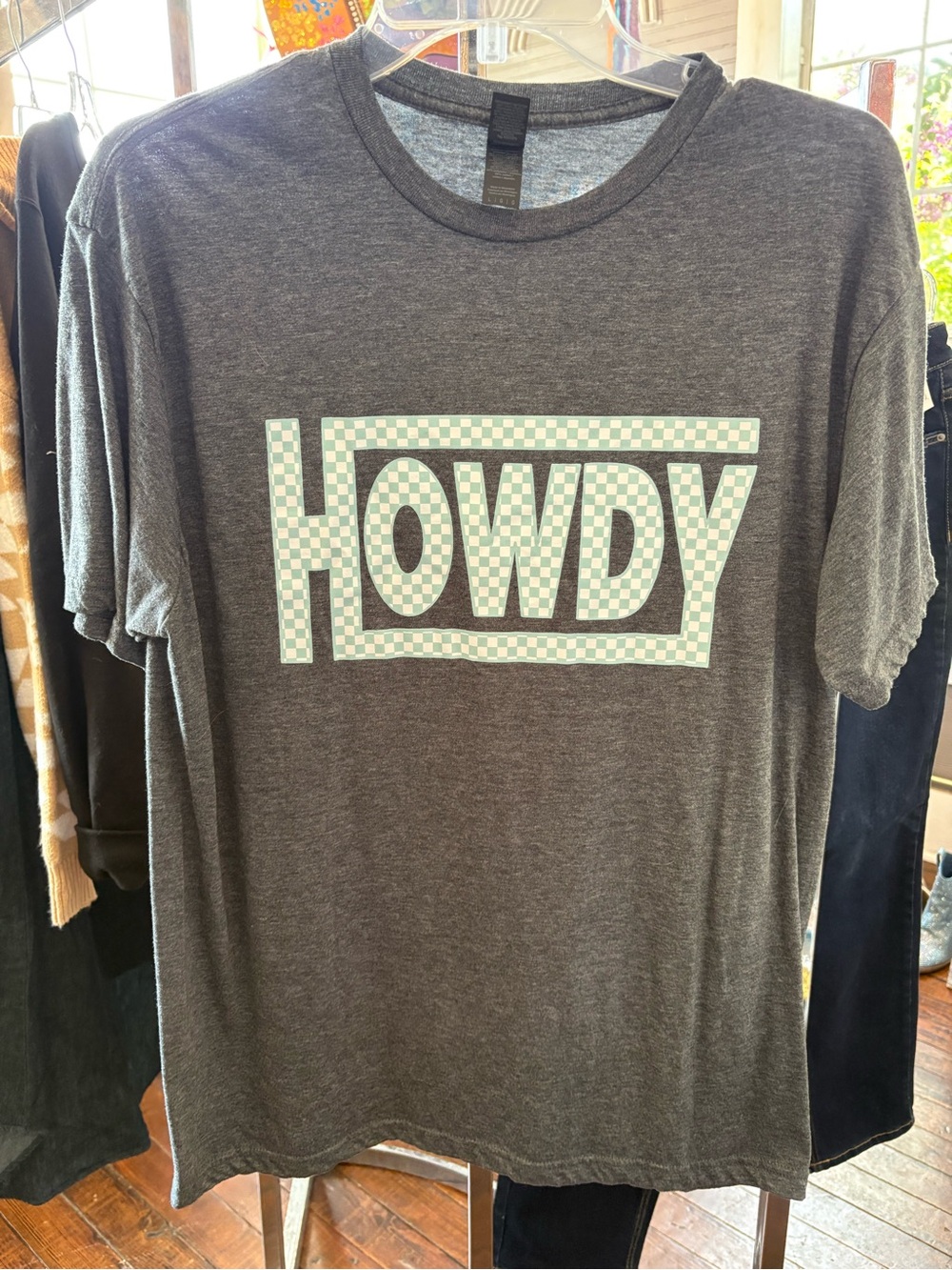 Howdy Graphic Tee - Charcoal with Mint Check Print